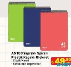 GIPTA A5 100 YAPRAKLI SPİRALLİ PLASTİK KAPAKLI BLOKNOT ÇİZGİLİ/KARELİ